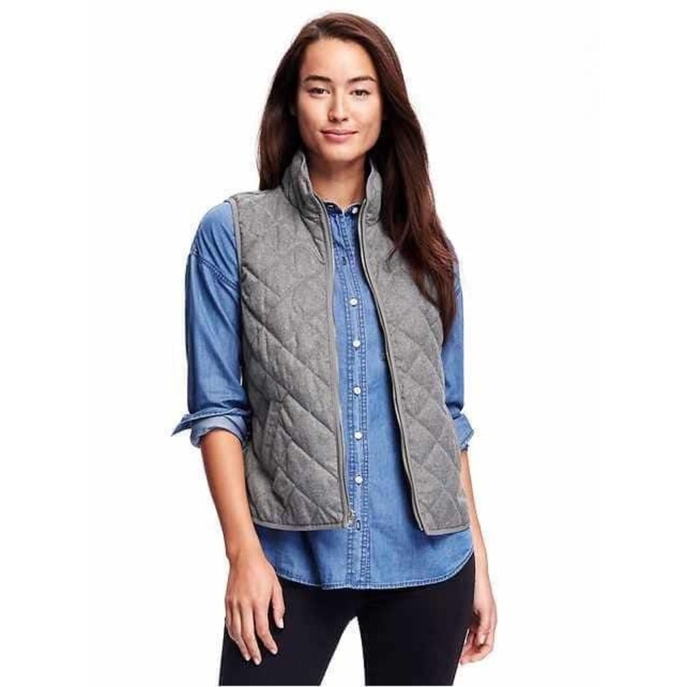 (CL) Old Navy Womens M Gray Quilted Puffer Vest Gold Zipper Sleeveless Jacket